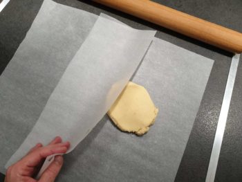 Mettre cette pâte entre 2 feuilles de papier cuisson et abaisser au rouleau