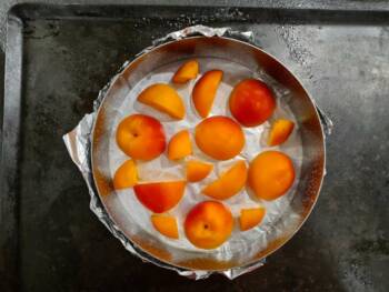 Dans un plat à bord haut, beurrer légèrement et disposer vos abricots découpés