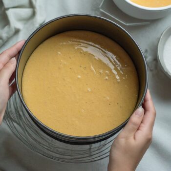 Moule rempli de la pâte à gâteau moelleuse pour