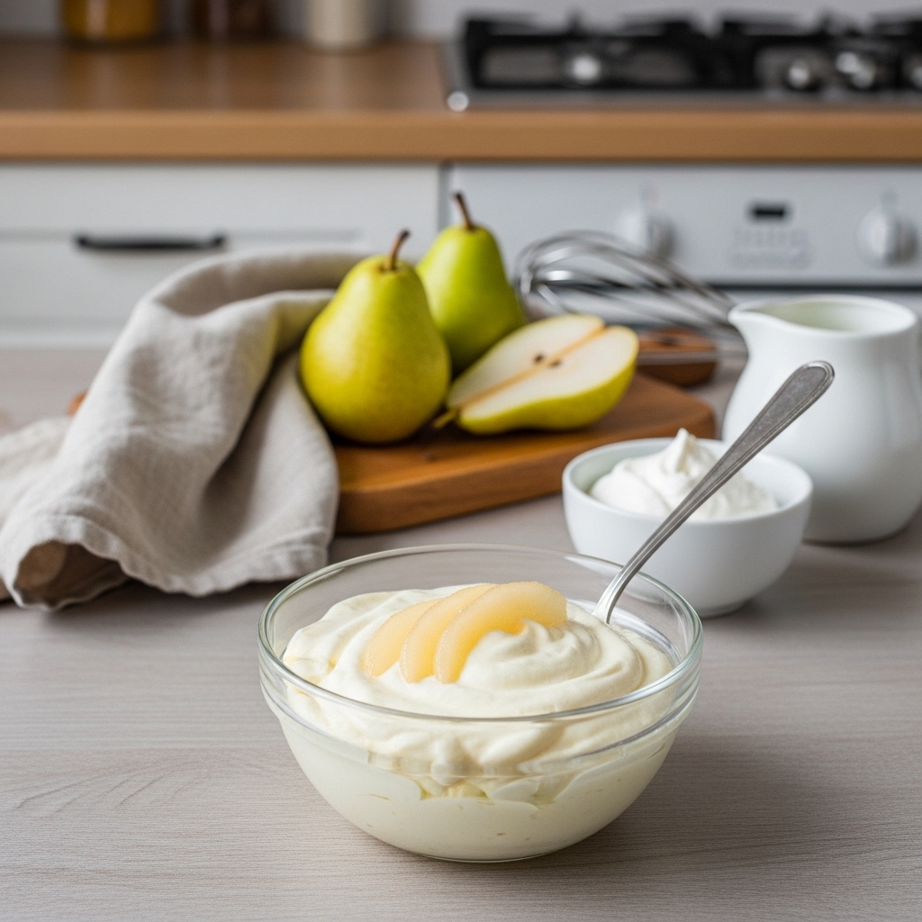 Recette de mousse à la poire à base de meringue italienne et crème montée