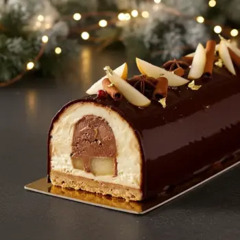 Bûche de Noël poires pochées, mousse chocolat et biscuit spéculos