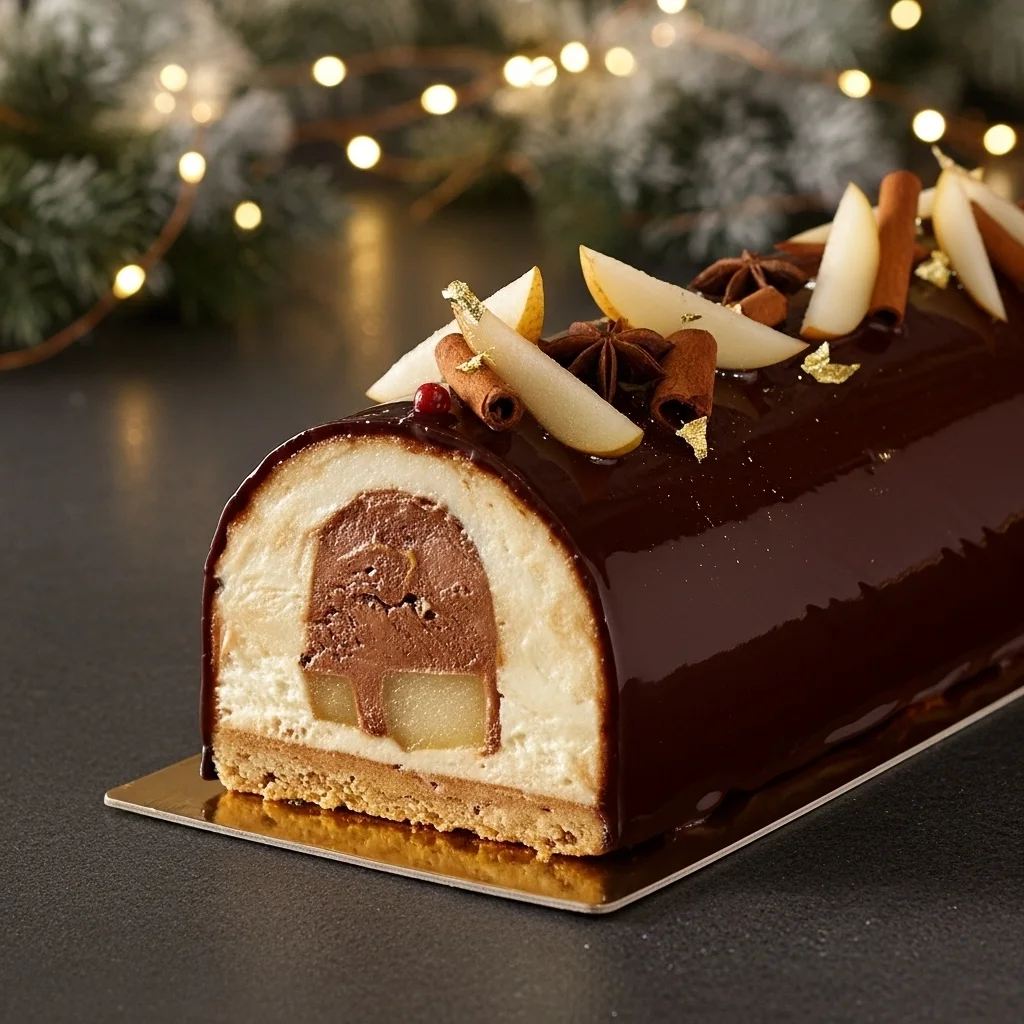 Bûche de Noël poires pochées, mousse chocolat et biscuit spéculos