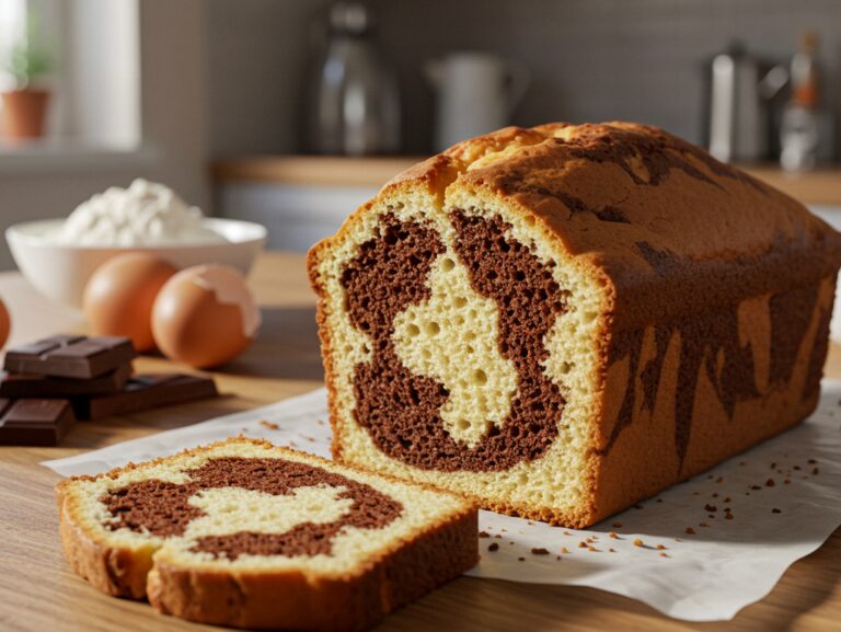 Photo en coupe de ce cake marbré au chocolat vanille