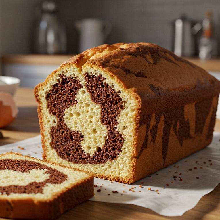 Photo en coupe de ce cake marbré au chocolat vanille