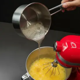 Verser le sirop chaud en fin filet sur les œufs