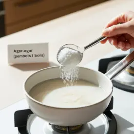 Poudre d’agar-agar versée dans un poêlon en ébullition pour activer la gélification en pâtisserie
