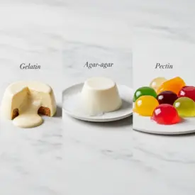 Comparatif visuel des gélifiants gélatine, agar-agar et pectine en pâtisserie