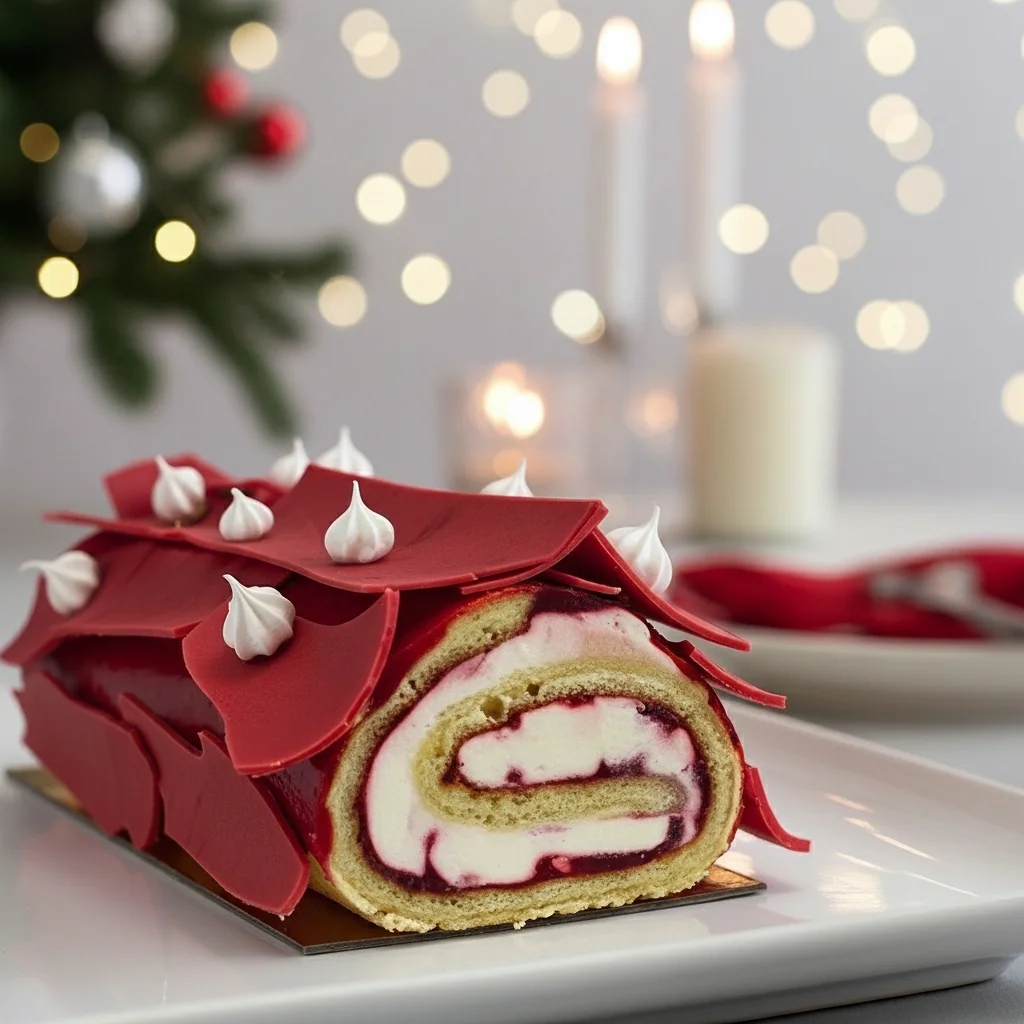 Bûche roulée framboise : biscuit viennois moelleux, confit de framboises et crème mascarpone, décorée d’écorces en chocolat framboise.