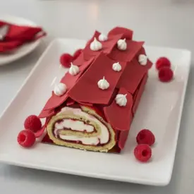 Bûche roulée framboise : biscuit viennois moelleux, confit de framboises et crème mascarpone, décorée d’écorces en chocolat framboise.