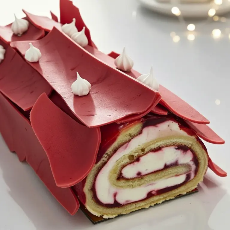 Bûche roulée framboise : biscuit viennois moelleux, confit de framboises et crème mascarpone, décorée d’écorces en chocolat framboise.