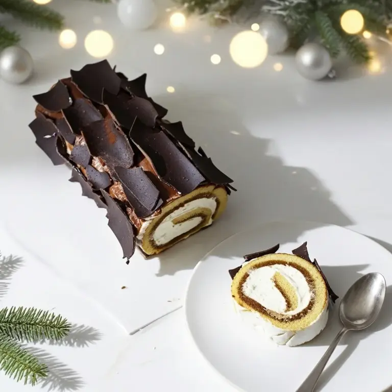 bûche tiramisu roulée avec éclats de chocolat dans une ambiance de Noël